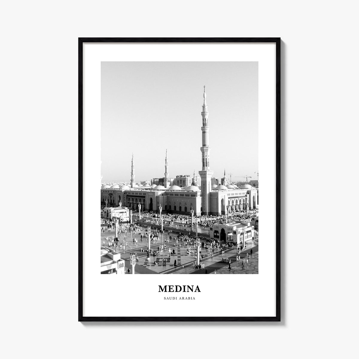 Medina black & white classic poster of Saudi Arabia – vertical wall art, unframed print shown in interior mockup