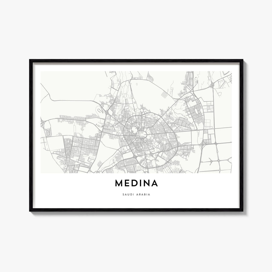 Medina black & white map poster of Saudi Arabia – horizontal wall art, unframed print shown in interior mockup