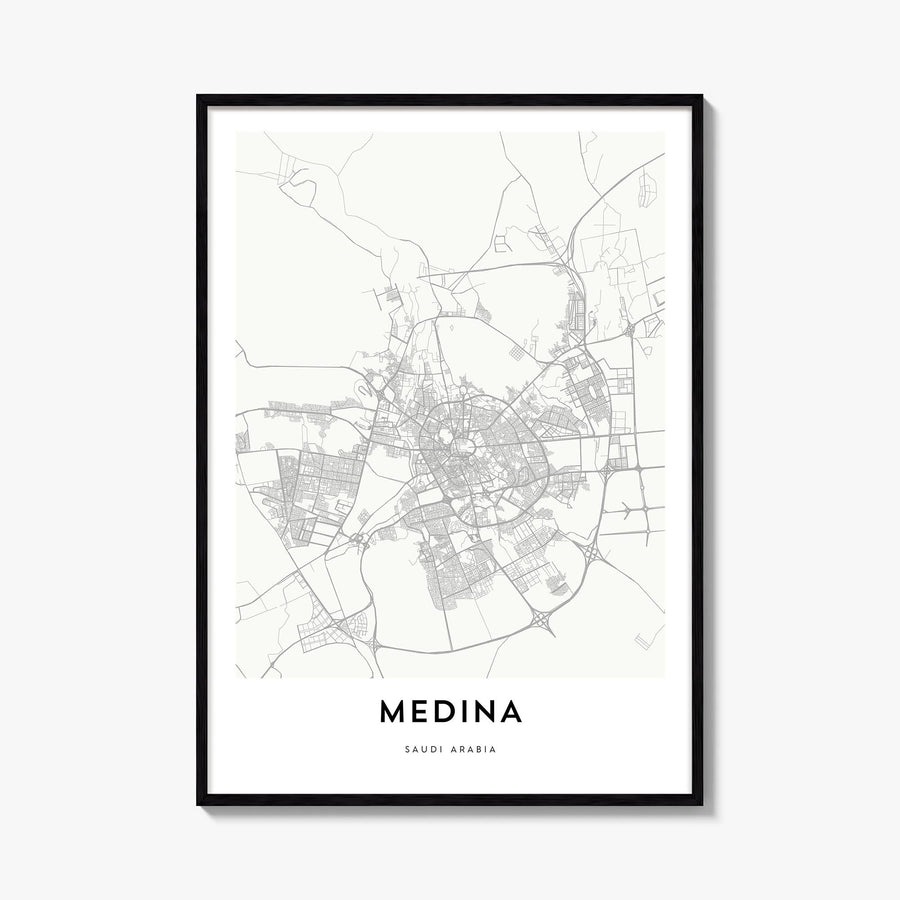 Medina black & white map poster of Saudi Arabia – vertical wall art, unframed print shown in interior mockup