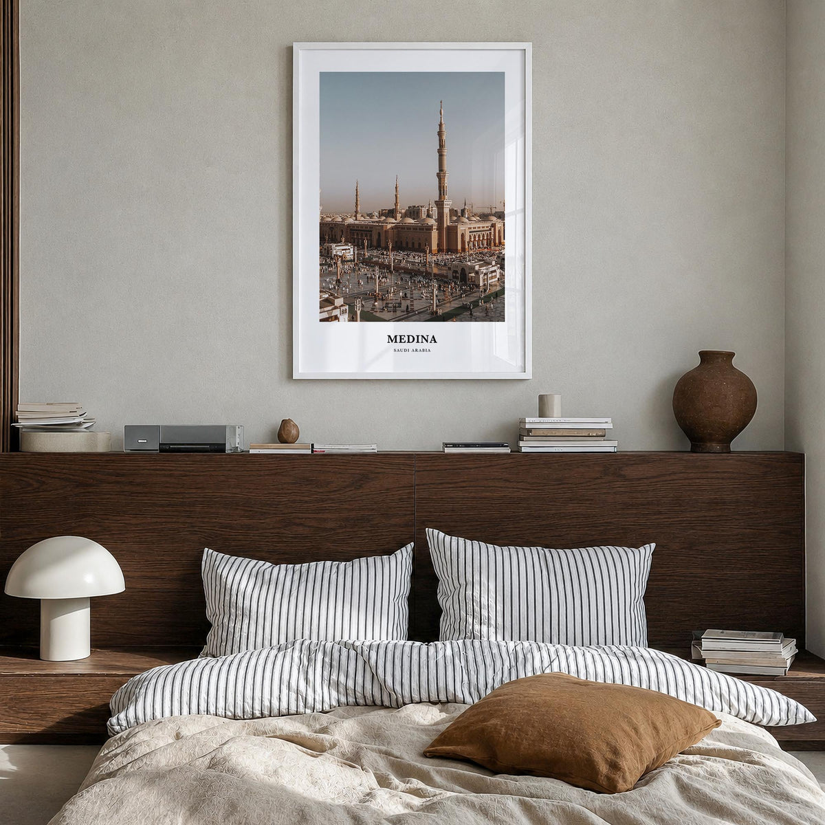 Medina colorful classic poster of Saudi Arabia – vertical wall art in white wood frame, hanging on wall