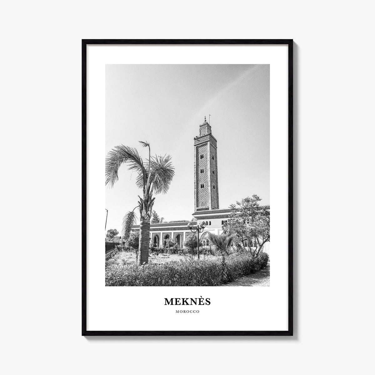 Meknès black & white classic poster of Morocco – vertical wall art, unframed print shown in interior mockup