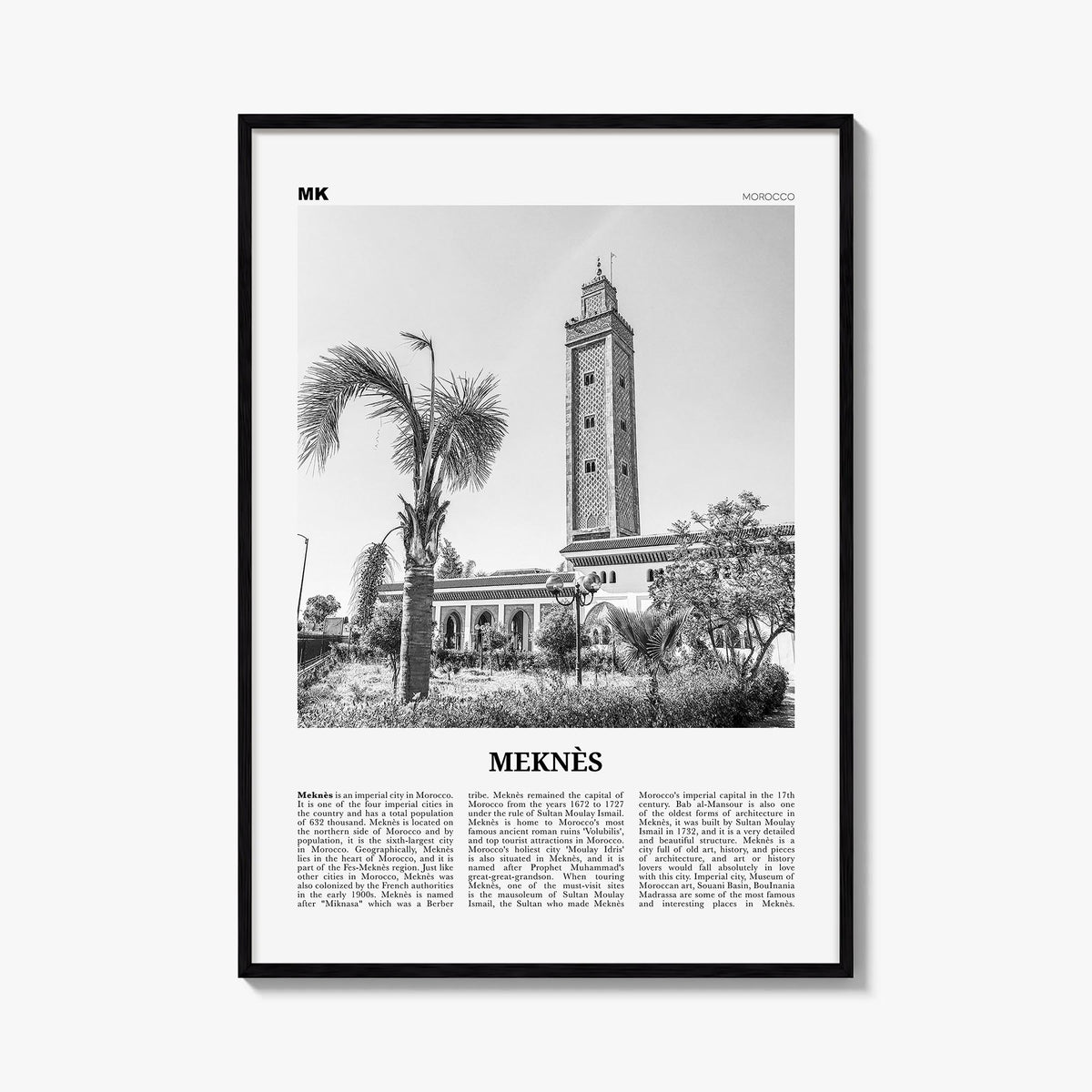 Meknès black & white newspaper poster of Morocco – vertical wall art, unframed print shown in interior mockup