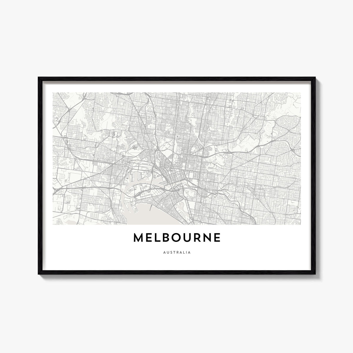 Melbourne, Australia black & white map poster of Australia – horizontal wall art, unframed print shown in interior mockup
