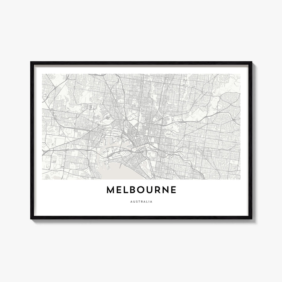 Melbourne, Australia black & white map poster of Australia – horizontal wall art, unframed print shown in interior mockup