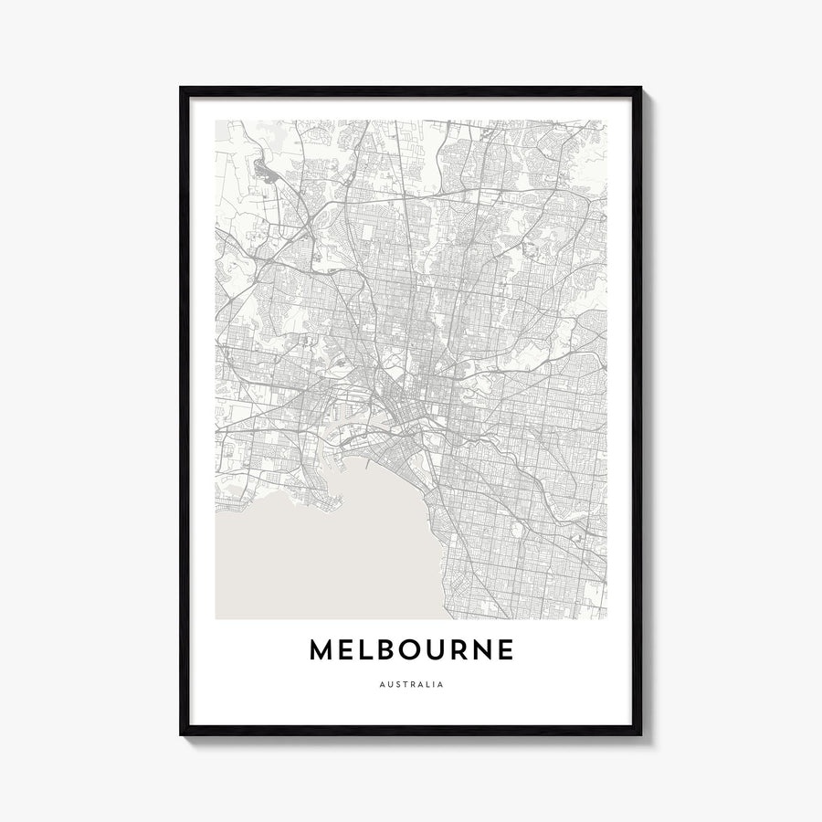 Melbourne, Australia black & white map poster of Australia – vertical wall art, unframed print shown in interior mockup