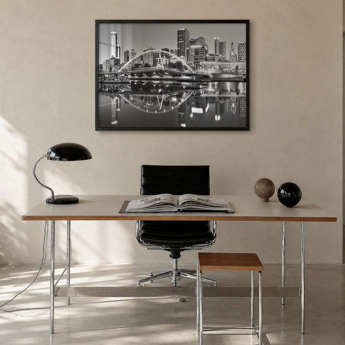 Melbourne, Australia black & white photo poster of Australia – horizontal wall art in black wood frame, hanging on wall