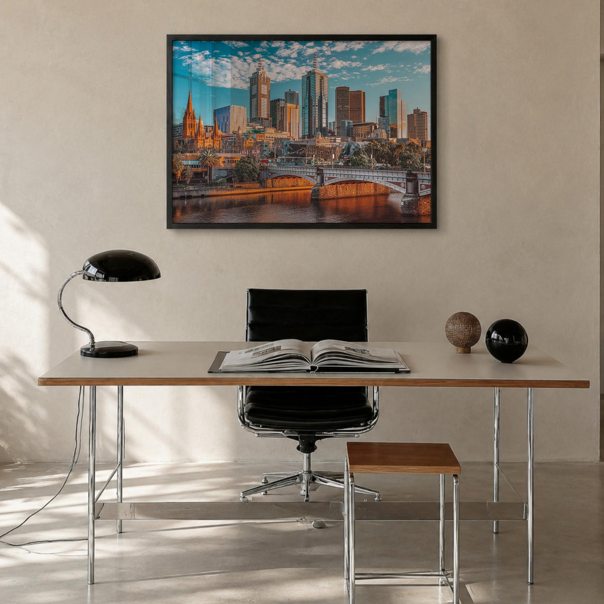 Melbourne, Australia colorful photo poster of Australia – horizontal wall art in black wood frame, hanging on wall