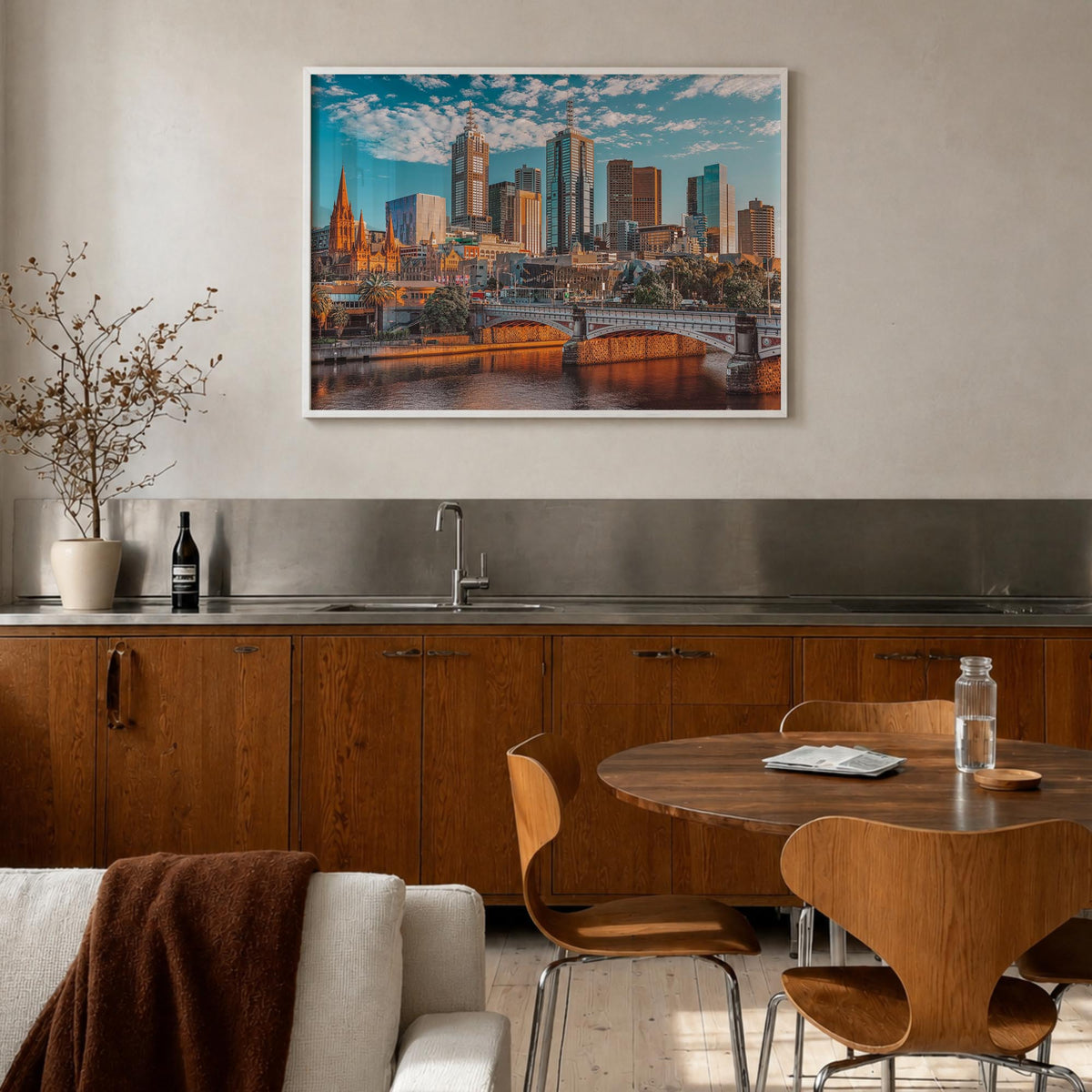 Melbourne, Australia colorful photo poster of Australia – horizontal wall art in white wood frame, hanging on wall