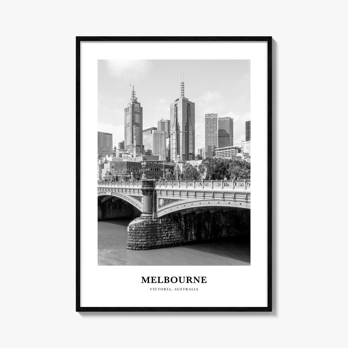 Melbourne, Australia no. 1 black & white classic poster of Australia – vertical wall art, unframed print shown in interior mo