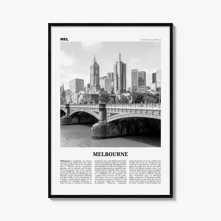 Melbourne, Australia no. 1 black & white newspaper poster of Australia – vertical wall art, unframed print shown in interior 