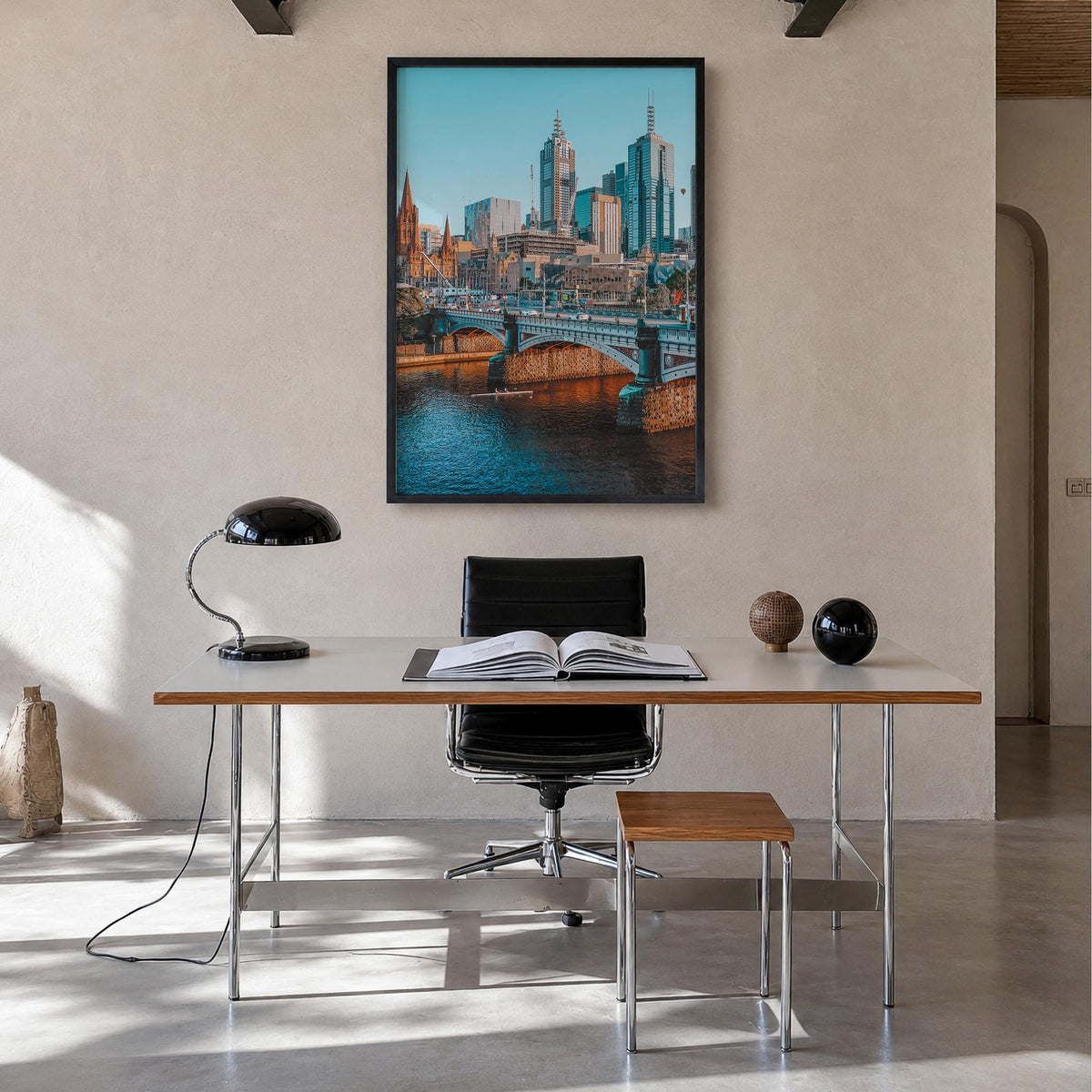 Melbourne, Australia no. 1 colorful photo poster of Australia – vertical wall art in black wood frame, hanging on wall