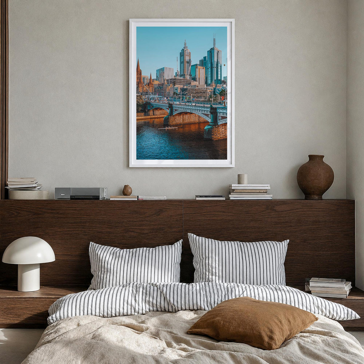Melbourne, Australia no. 1 colorful photo poster of Australia – vertical wall art in white wood frame with white border, hang