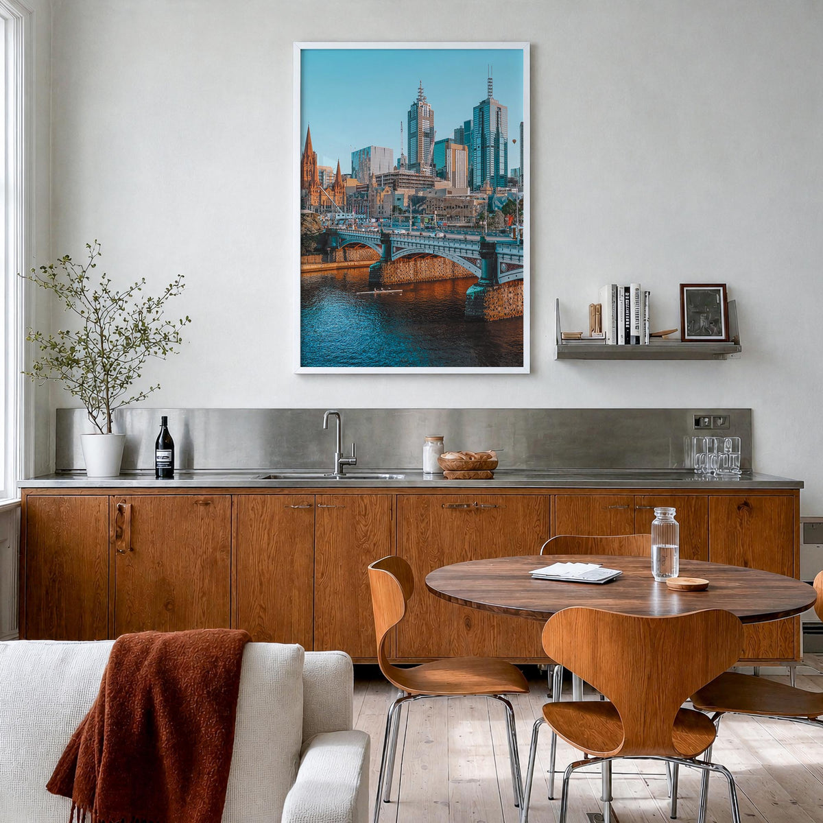 Melbourne, Australia no. 1 colorful photo poster of Australia – vertical wall art in white wood frame, hanging on wall