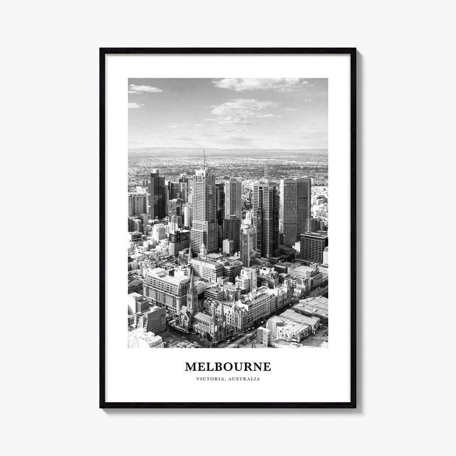Melbourne, Australia no. 2 black & white classic poster of Australia – vertical wall art, unframed print shown in interior mo