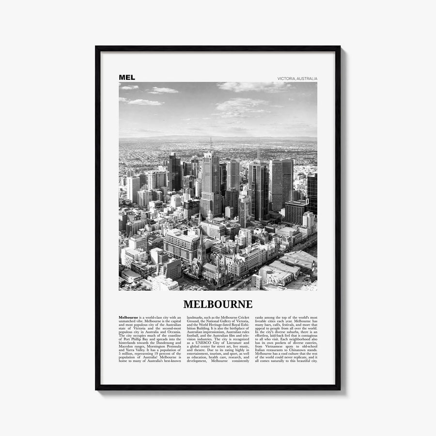 Melbourne, Australia no. 2 black & white newspaper poster of Australia – vertical wall art, unframed print shown in interior 