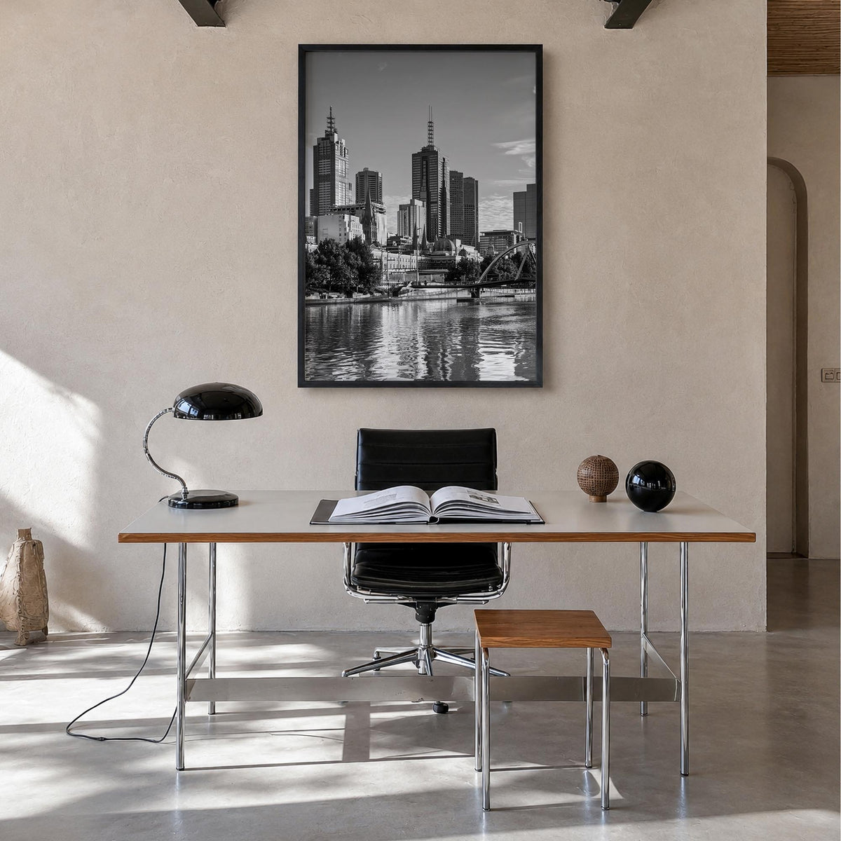 Melbourne, Australia no. 2 black & white photo poster of Australia – vertical wall art in black wood frame, hanging on wall