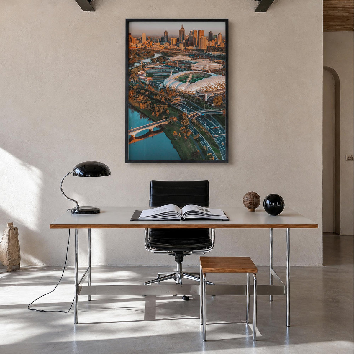 Melbourne, Australia no. 2 colorful photo poster of Australia – vertical wall art in black wood frame, hanging on wall