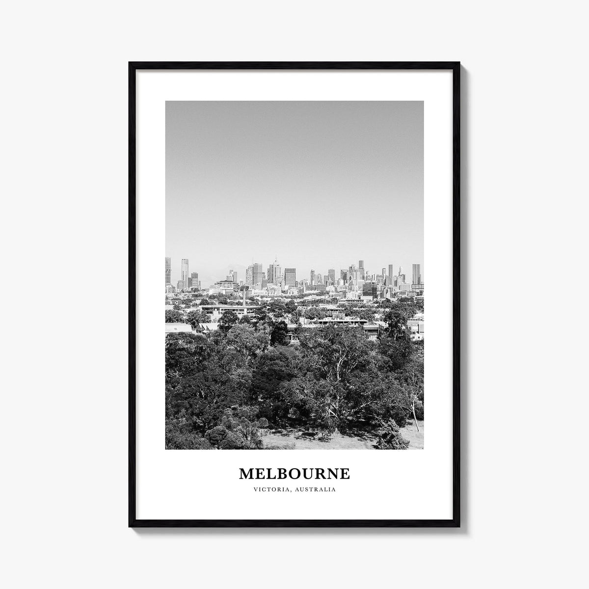 Melbourne, Australia no. 3 black & white classic poster of Australia – vertical wall art, unframed print shown in interior mo