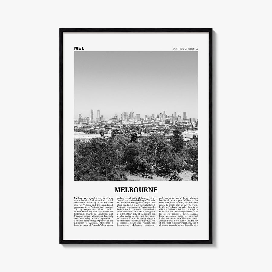 Melbourne, Australia no. 3 black & white newspaper poster of Australia – vertical wall art, unframed print shown in interior 