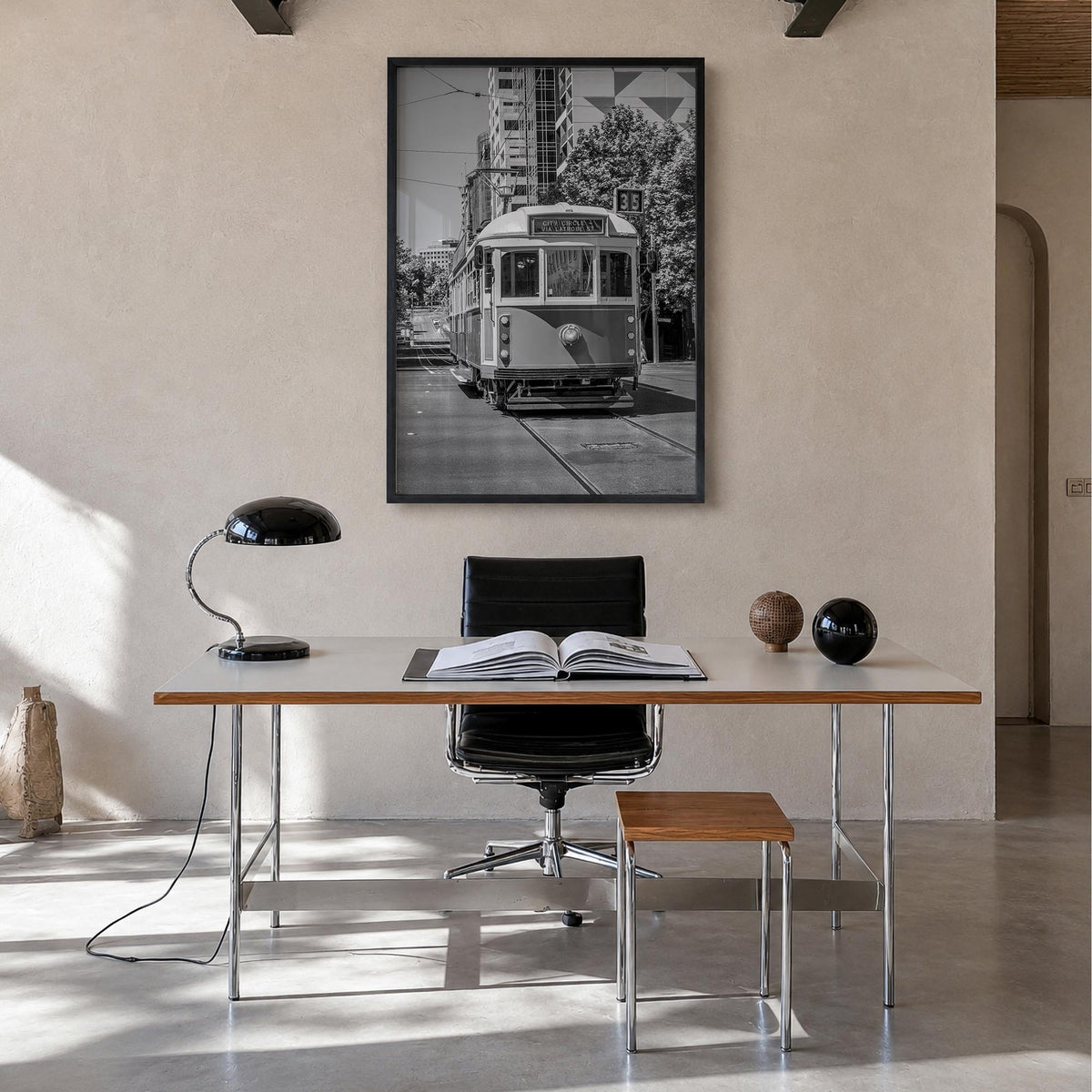 Melbourne, Australia no. 3 black & white photo poster of Australia – vertical wall art in black wood frame, hanging on wall