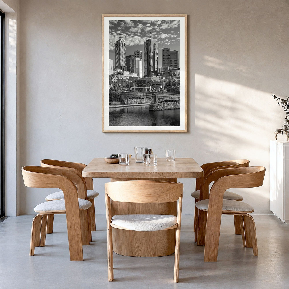 Melbourne, Australia Photo No 1 Poster in a natural wood frame, hanging in a dining room, white border