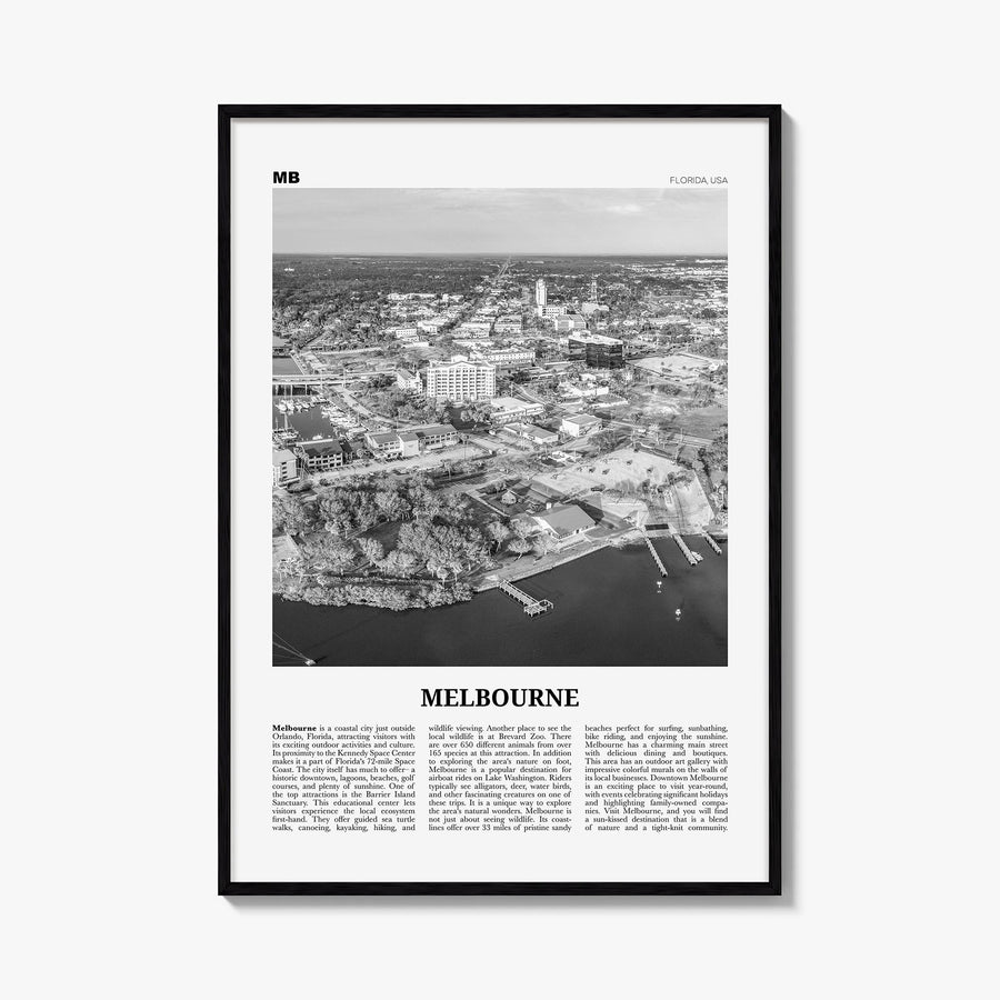 Melbourne, Florida black & white newspaper poster of Florida, USA – vertical wall art, unframed print shown in interior mocku