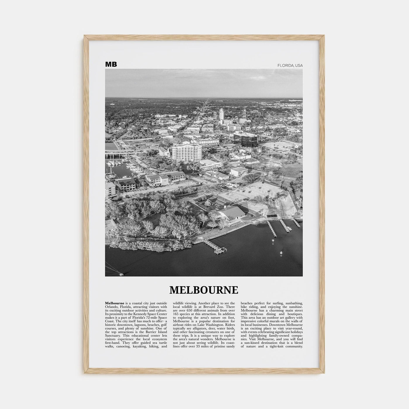 Melbourne, Florida Poster Natural Wood / 8x12 in Nbourhood Travel B&W Poster