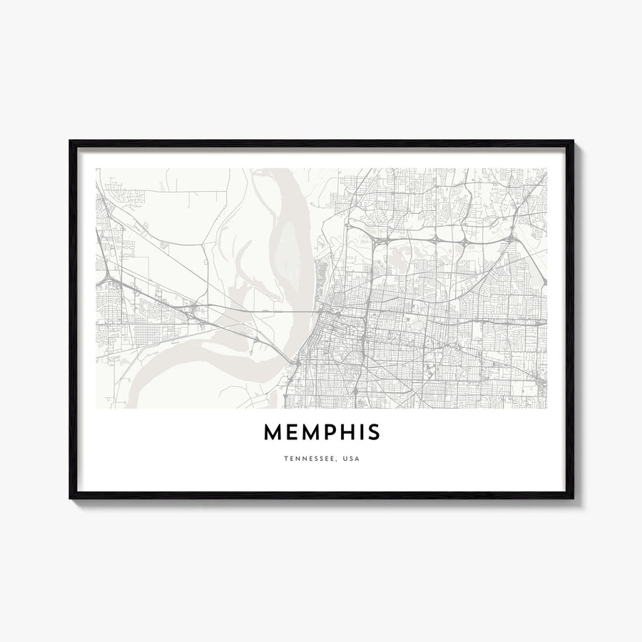 Memphis black & white map poster of Tennessee, USA – horizontal wall art, unframed print shown in interior mockup
