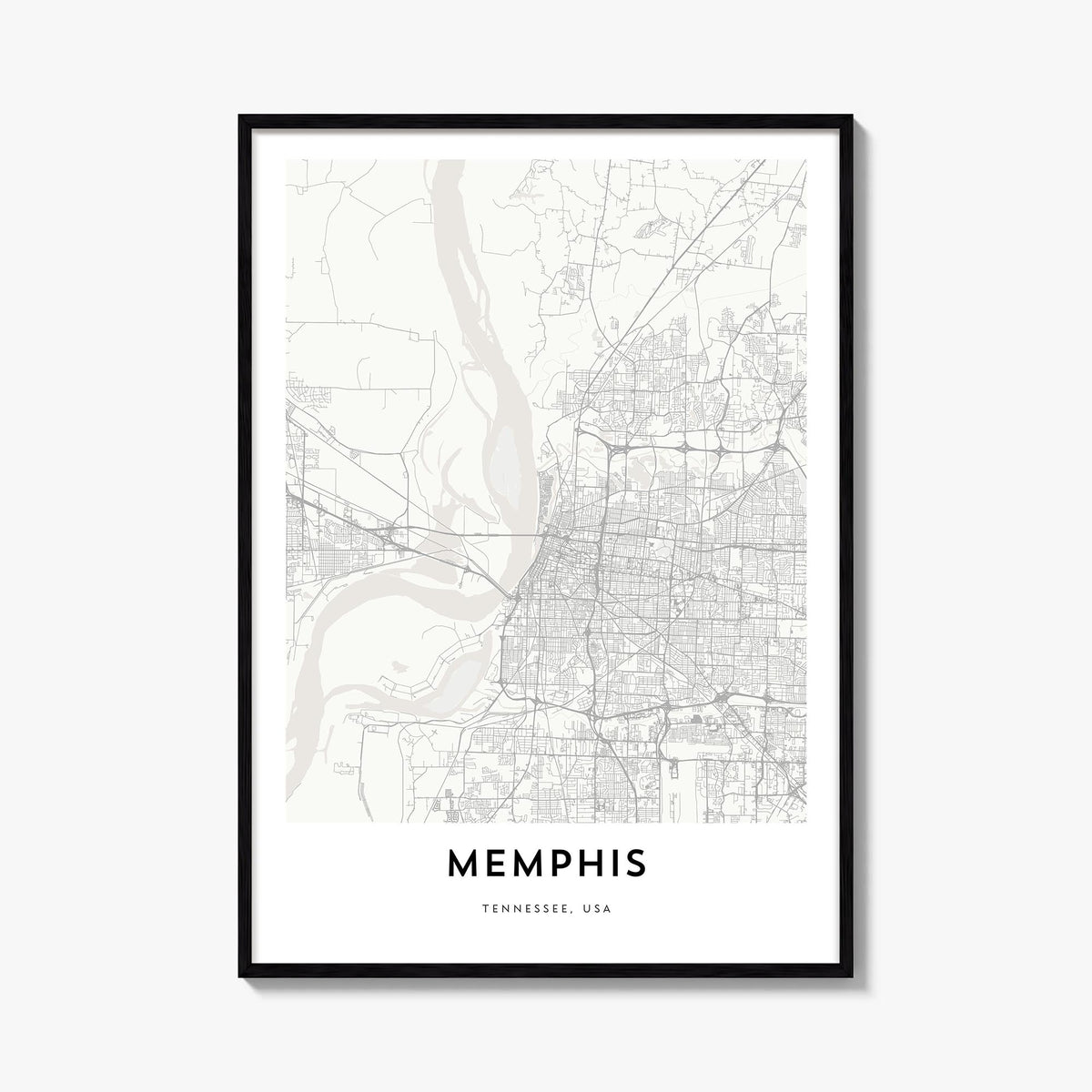 Memphis black & white map poster of Tennessee, USA – vertical wall art, unframed print shown in interior mockup