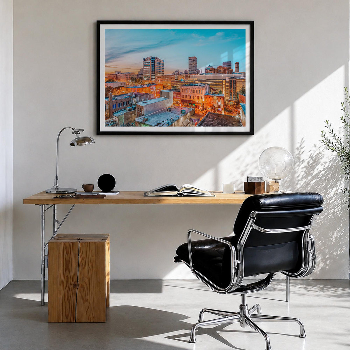 Memphis colorful photo poster of Tennessee, USA – horizontal wall art in black wood frame with white border, hanging on wall