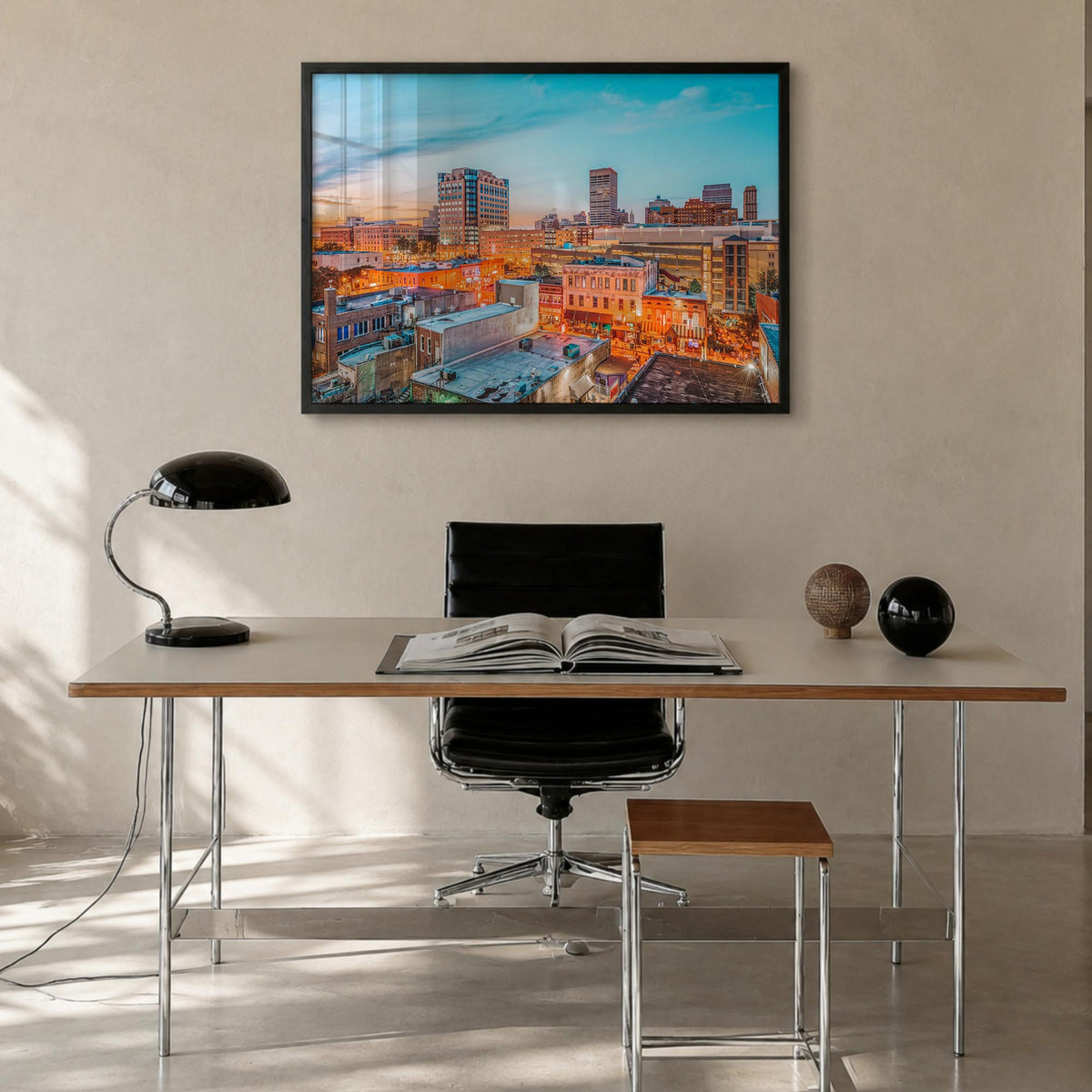 Memphis colorful photo poster of Tennessee, USA – horizontal wall art in black wood frame, hanging on wall