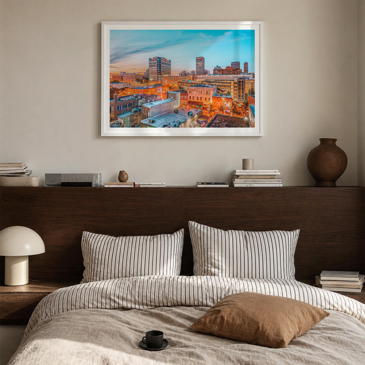 Memphis colorful photo poster of Tennessee, USA – horizontal wall art in white wood frame with white border, hanging on wall