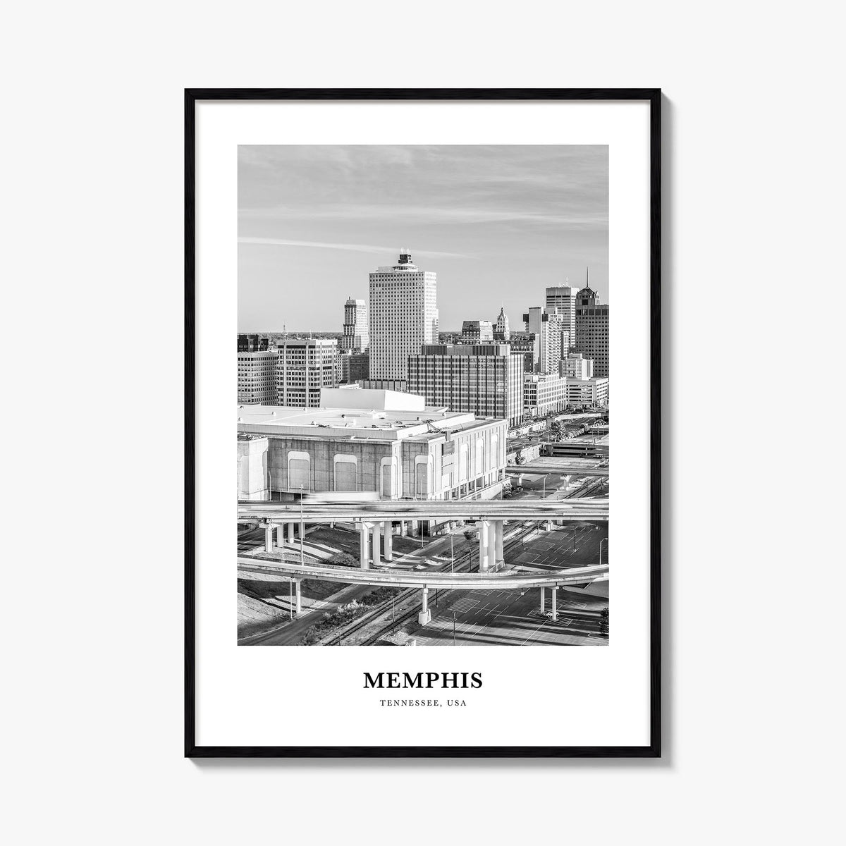 Memphis no. 1 black & white classic poster of Tennessee, USA – vertical wall art, unframed print shown in interior mockup
