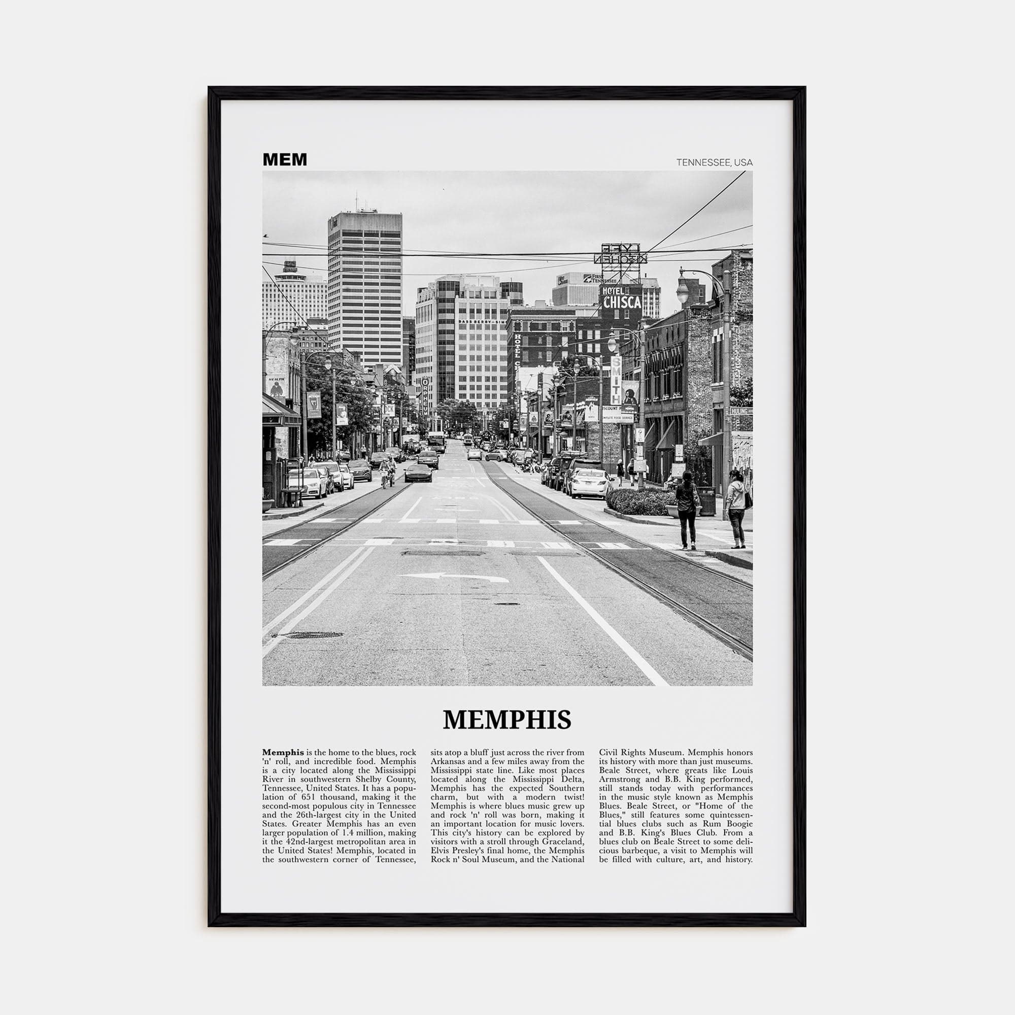 Memphis No 1 Poster Black Wood / 8x12 in Nbourhood Travel B&W Poster