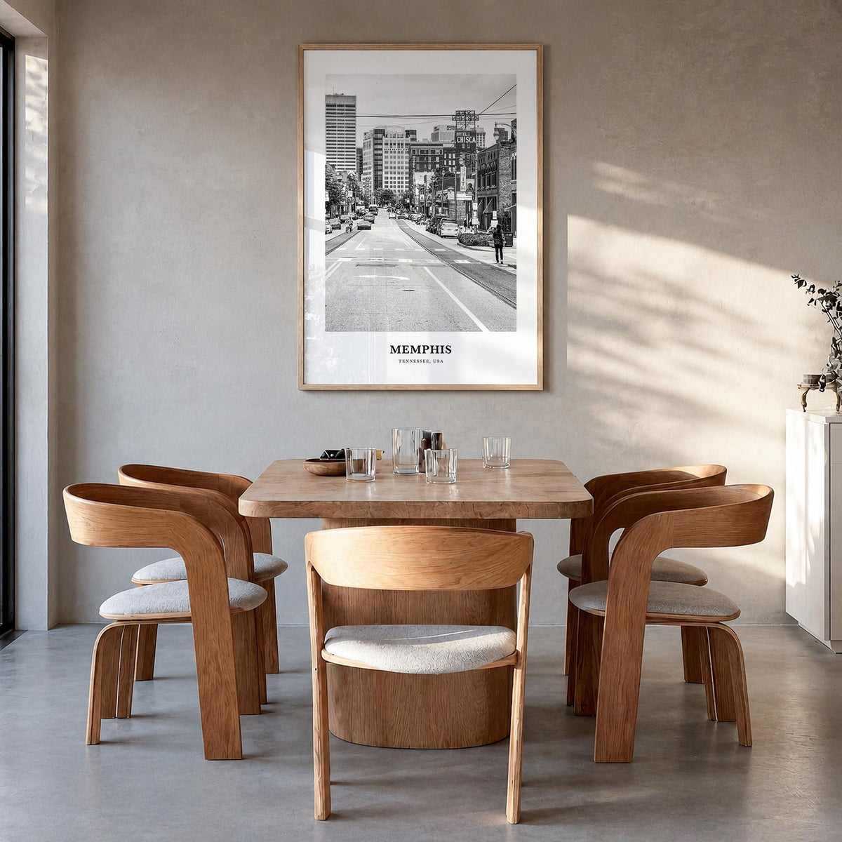 Memphis no. 2 black & white classic poster of Tennessee, USA – vertical wall art in natural wood frame, hanging on wall