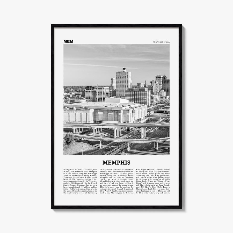 Memphis no. 2 black & white newspaper poster of Tennessee, USA – vertical wall art, unframed print shown in interior mockup