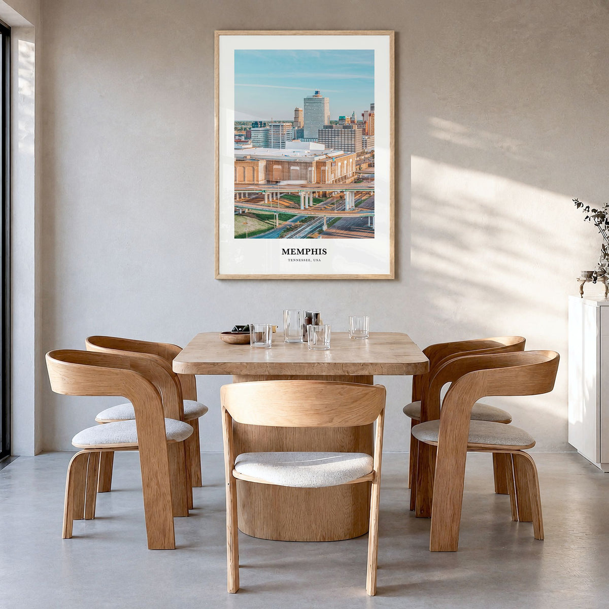 Memphis Classic Poster in a natural wood frame, hanging in a dining room