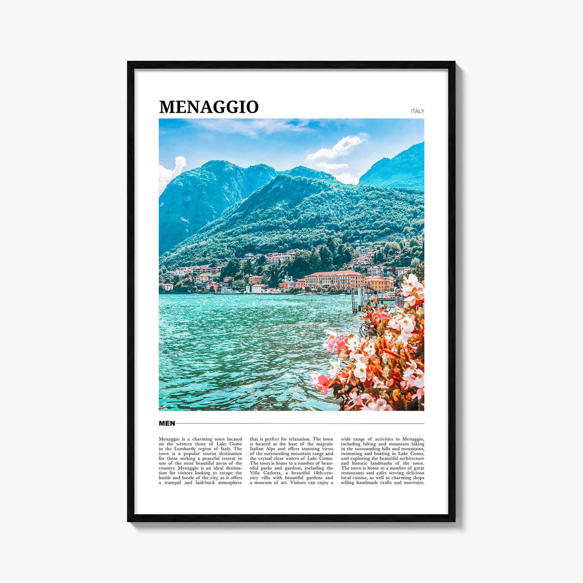 Menaggio colorful travel poster of Italy – vertical wall art, unframed print shown in interior mockup