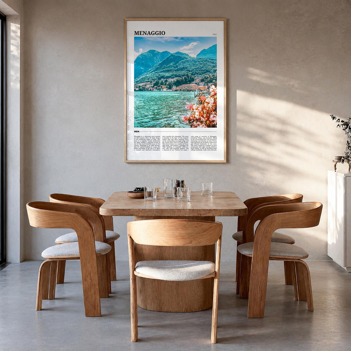 Menaggio colorful travel poster of Italy – vertical wall art in natural wood frame, hanging on wall