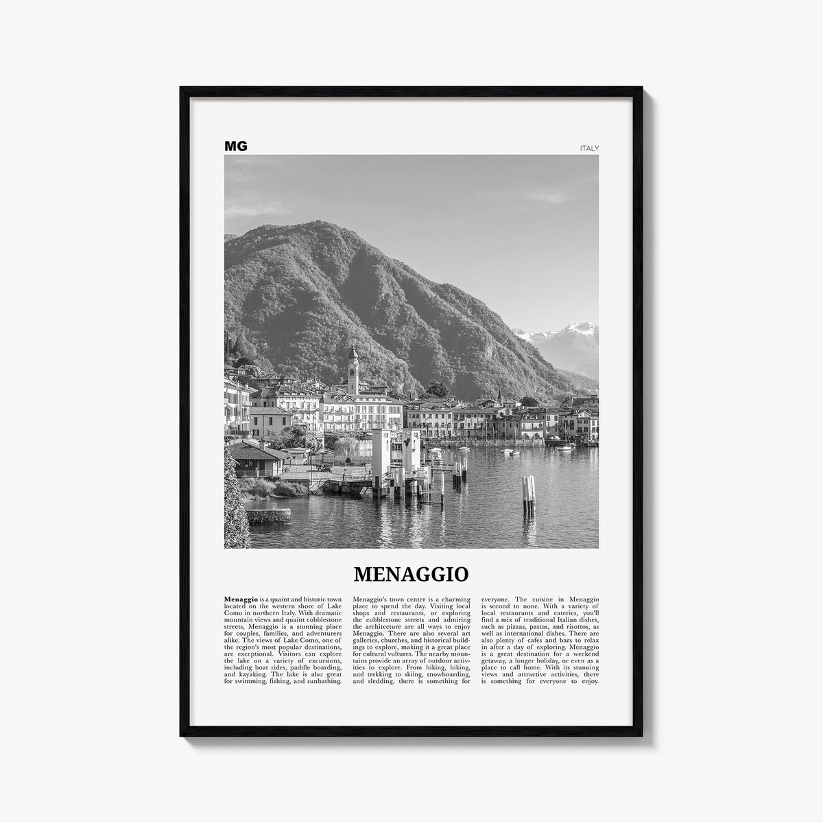 Menaggio no. 1 black & white newspaper poster of Italy – vertical wall art, unframed print shown in interior mockup