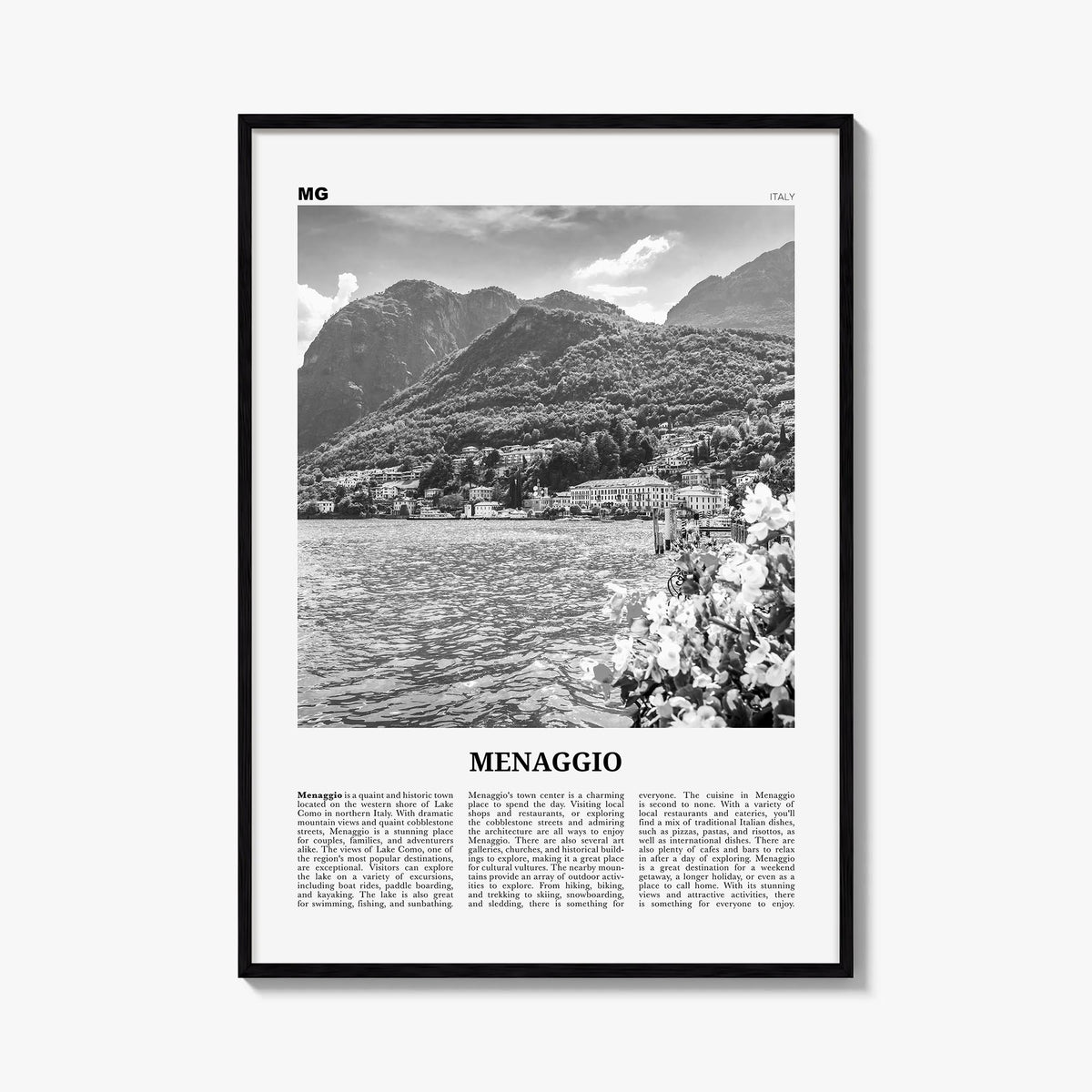 Menaggio no. 2 black & white newspaper poster of Italy – vertical wall art, unframed print shown in interior mockup