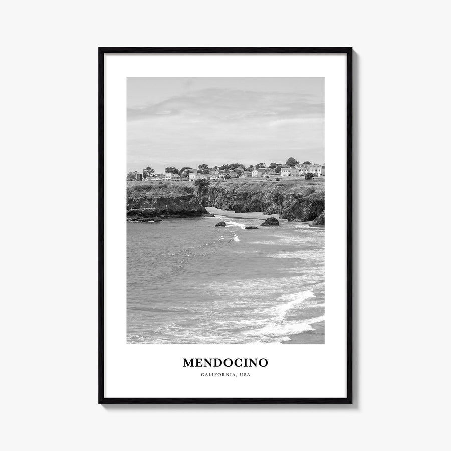 Mendocino black & white classic poster of California, USA – vertical wall art, unframed print shown in interior mockup