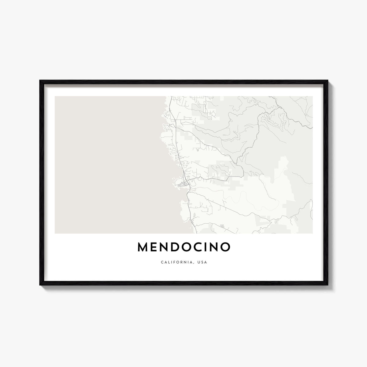 Mendocino black & white map poster of California, USA – horizontal wall art, unframed print shown in interior mockup