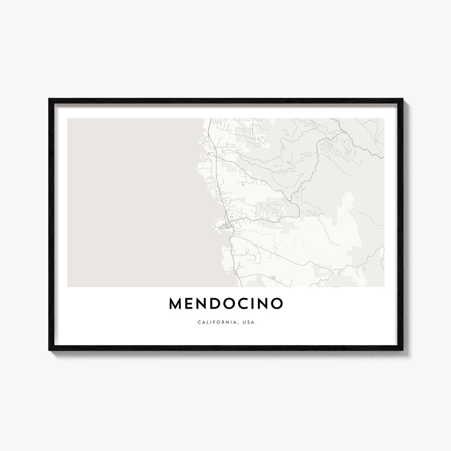 Mendocino black & white map poster of California, USA – horizontal wall art, unframed print shown in interior mockup