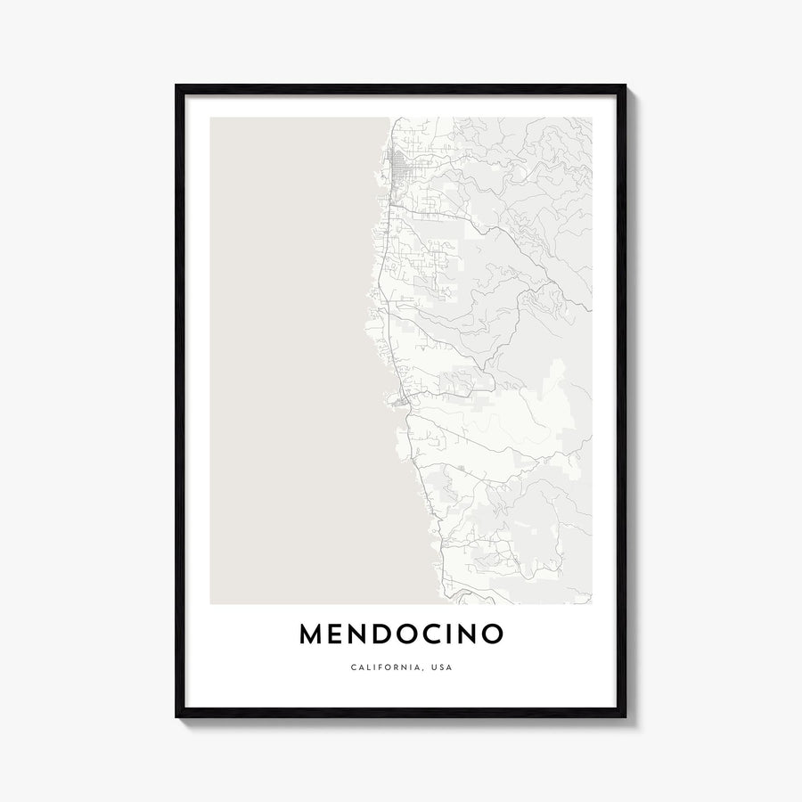 Mendocino black & white map poster of California, USA – vertical wall art, unframed print shown in interior mockup