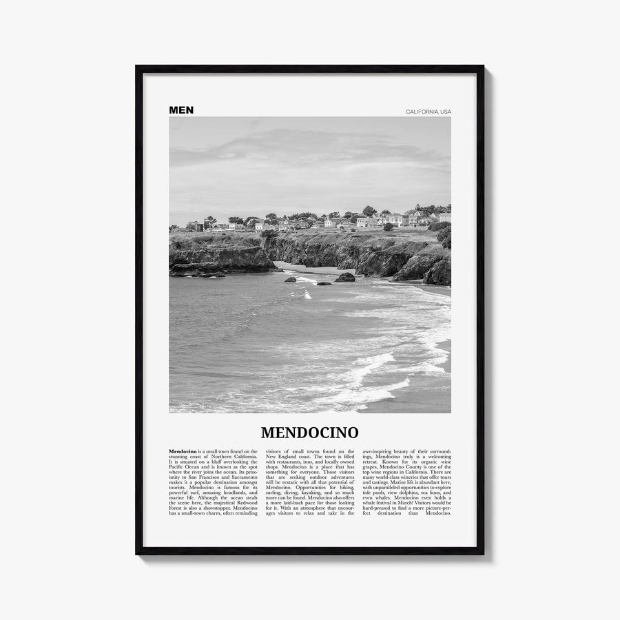 Mendocino black & white newspaper poster of California, USA – vertical wall art, unframed print shown in interior mockup