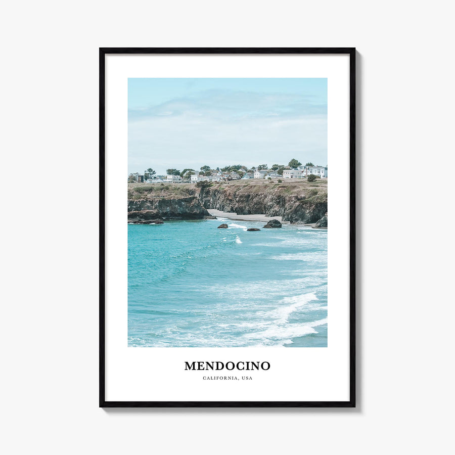 Mendocino colorful classic poster of California, USA – vertical wall art, unframed print shown in interior mockup