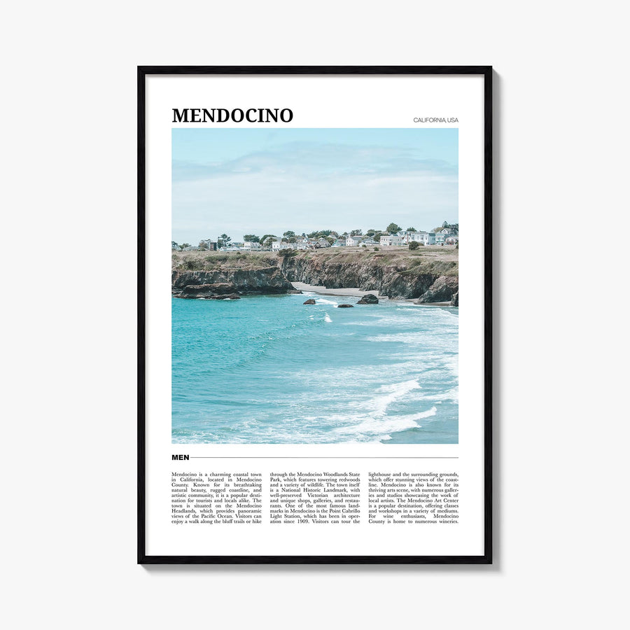 Mendocino colorful travel poster of California, USA – vertical wall art, unframed print shown in interior mockup