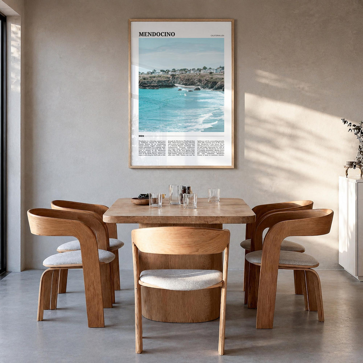 Mendocino colorful travel poster of California, USA – vertical wall art in natural wood frame, hanging on wall