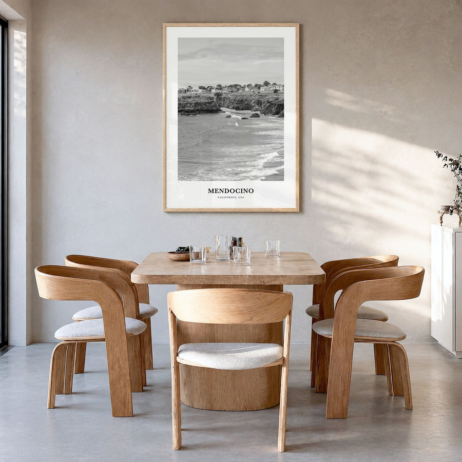 Mendocino Classic Poster in a natural wood frame, hanging in a dining room